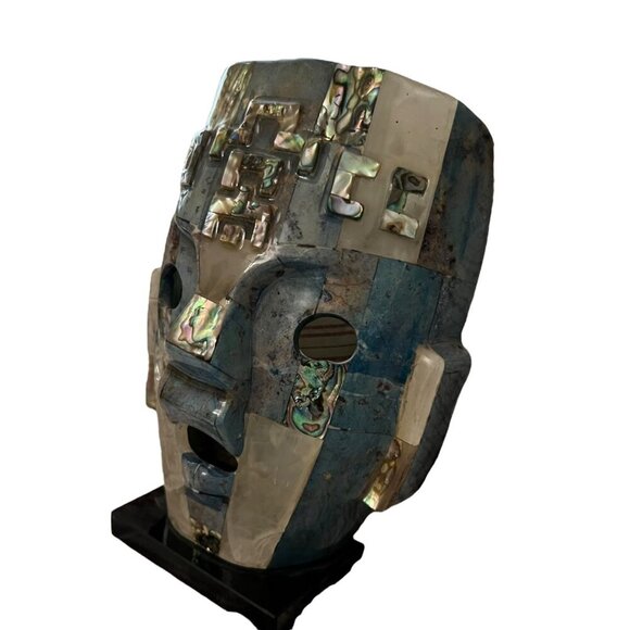Vintage Mayan Turquoise & Abalone Mosaic Death Mask On‎ Black Stone Base - Picture 9 of 15